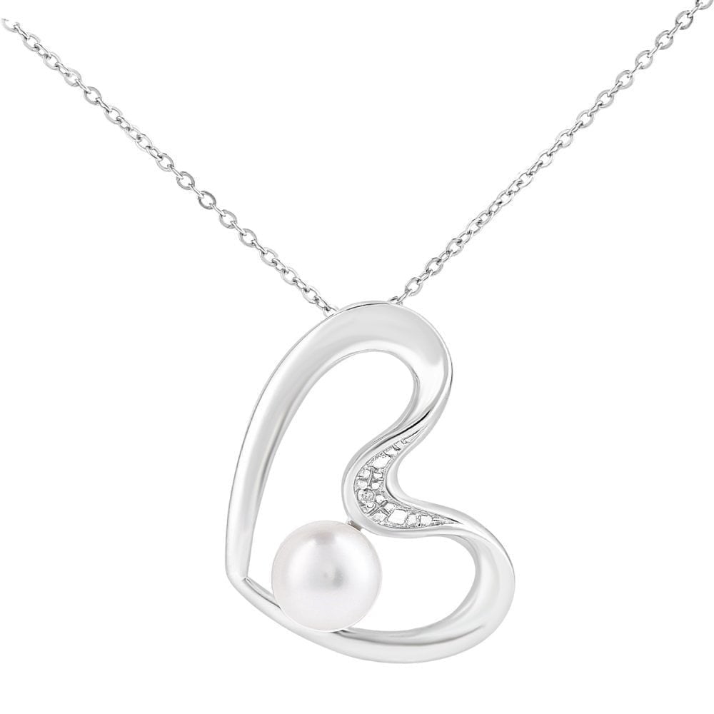 9ct White Gold Cultured Pearl and 0.01ct Diamond Heart Pendant Necklace