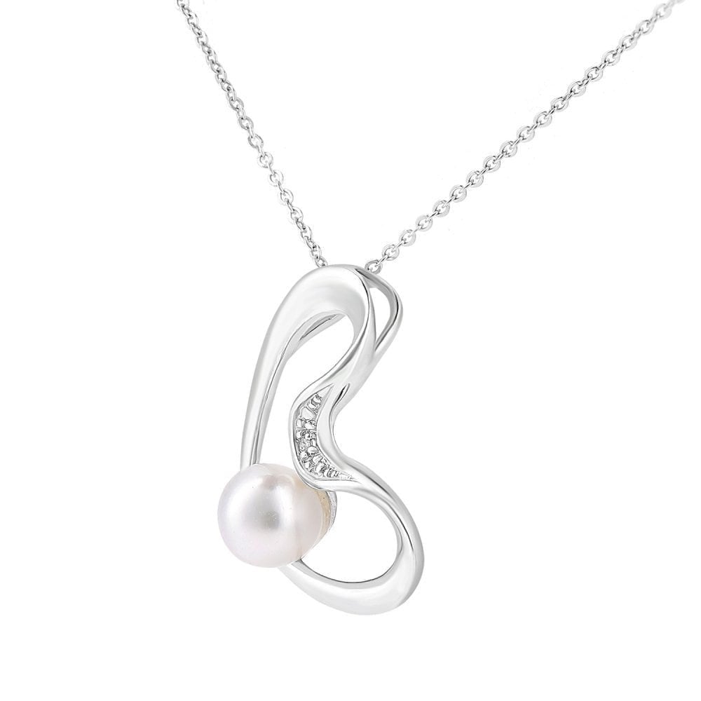 9ct White Gold Cultured Pearl and 0.01ct Diamond Heart Pendant Necklace