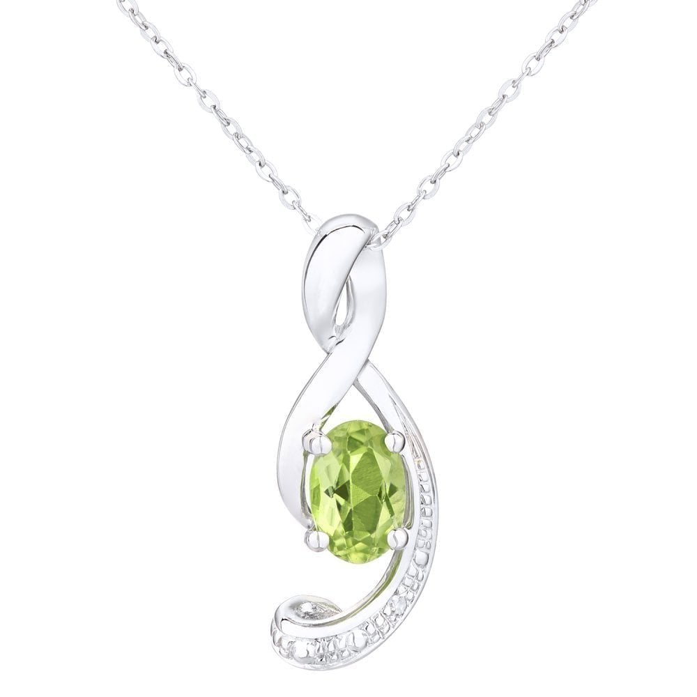 9ct White Gold Oval Peridot and 0.01ct Diamond Pendant Necklace