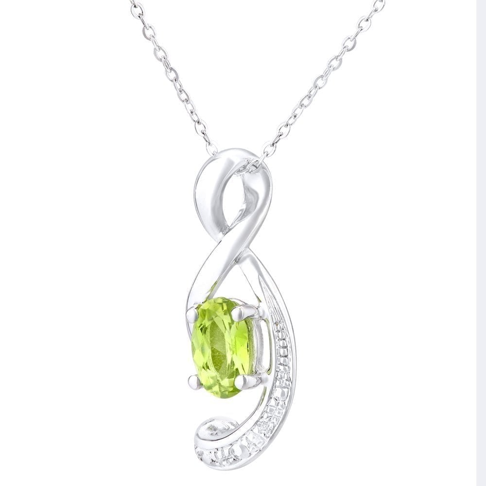 9ct White Gold Oval Peridot and 0.01ct Diamond Pendant Necklace
