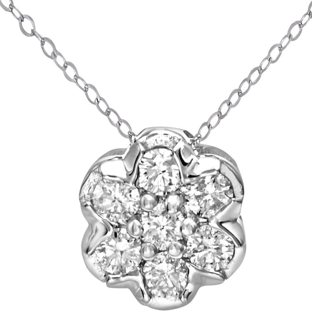 9ct White Gold 0.15ct Diamond Cluster Pendant Necklace