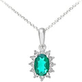 9ct White Gold 0.60ct Oval Emerald & Diamond Cluster Pendant Necklace