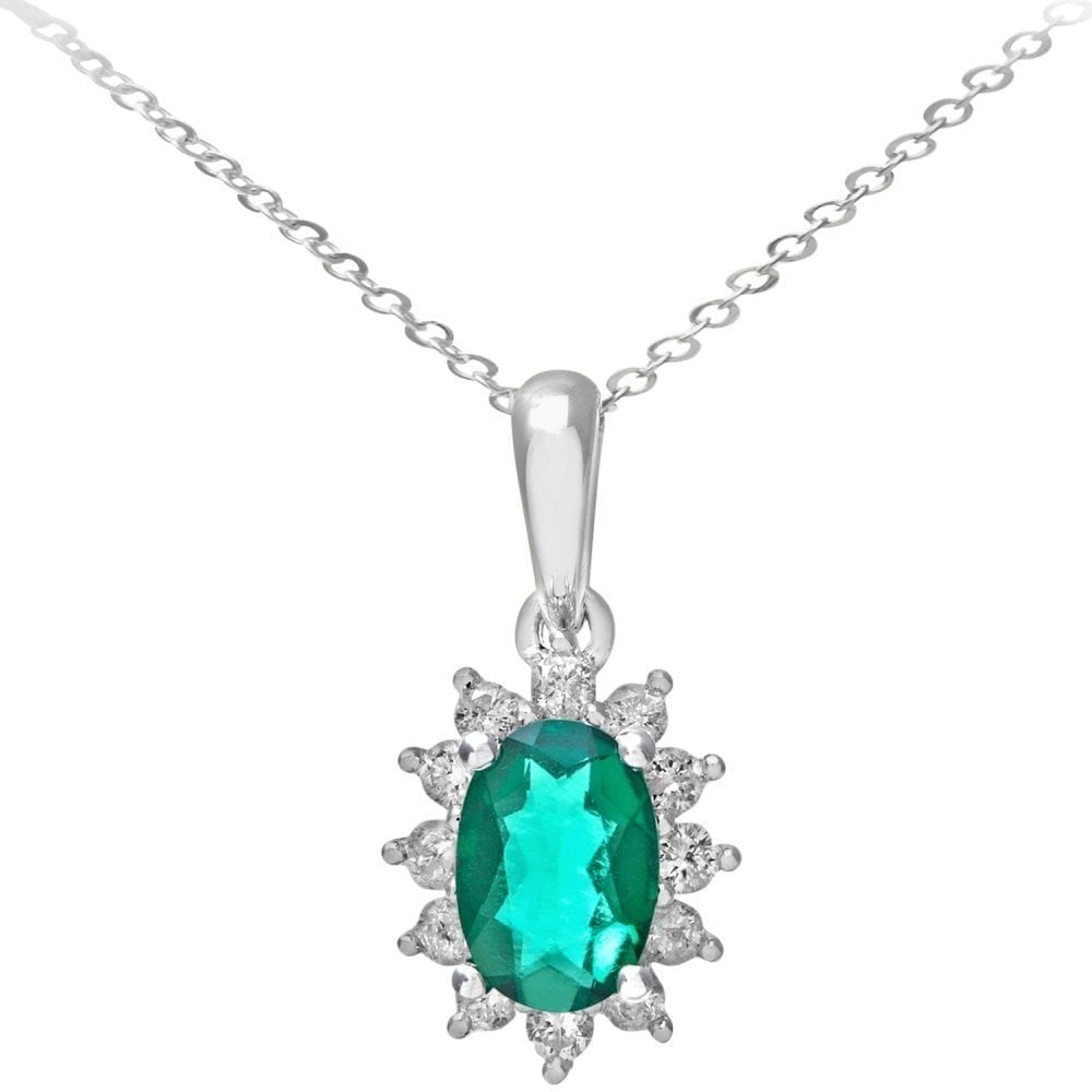 9ct White Gold 0.60ct Oval Emerald & Diamond Cluster Pendant Necklace
