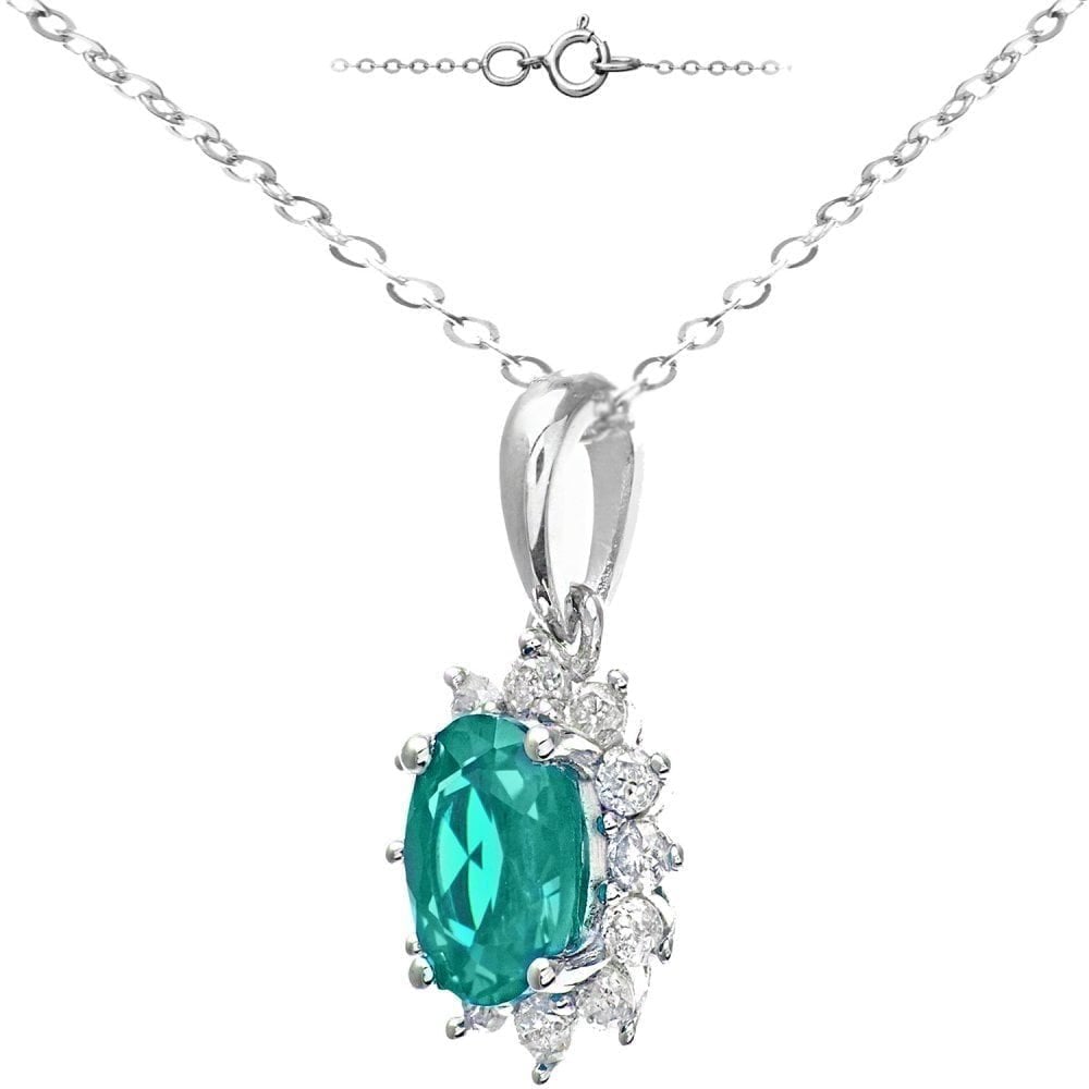 9ct White Gold 0.60ct Oval Emerald & Diamond Cluster Pendant Necklace