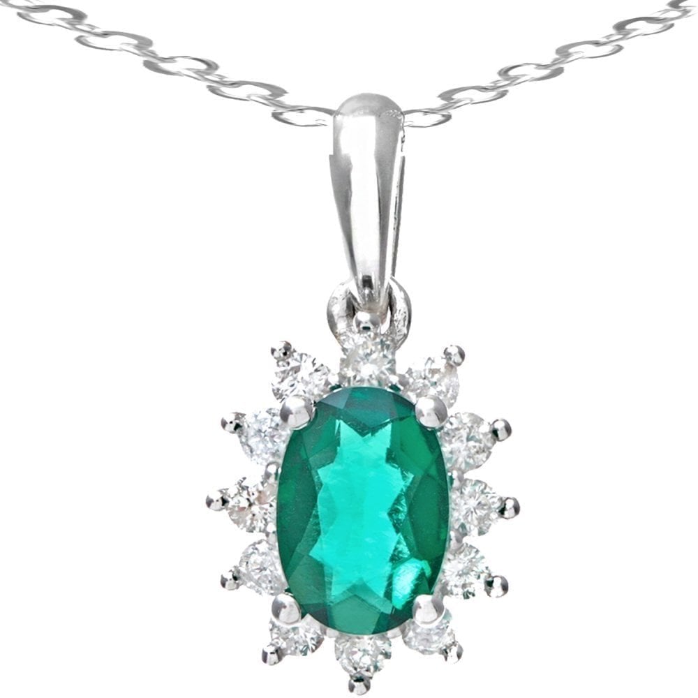 9ct White Gold 0.60ct Oval Emerald & Diamond Cluster Pendant Necklace