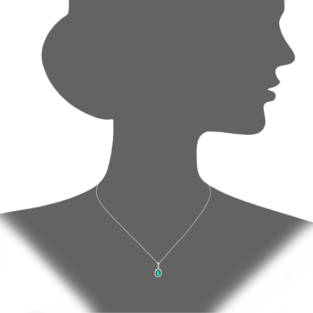 9ct White Gold 0.60ct Oval Emerald & Diamond Cluster Pendant Necklace