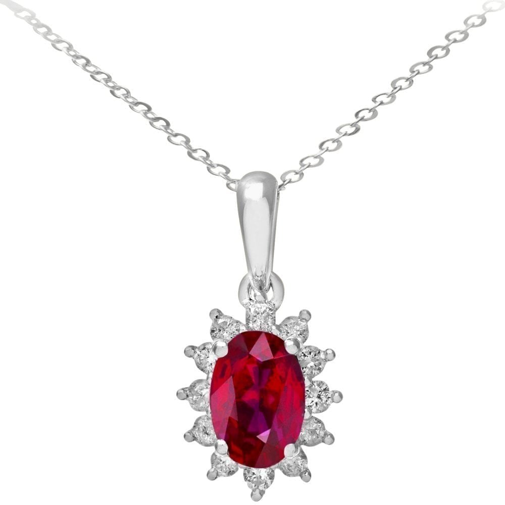 9ct White Gold Oval Ruby Cluster 0.25ct Diamond Pendant Necklace