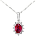 9ct White Gold Oval Ruby Cluster 0.25ct Diamond Pendant Necklace