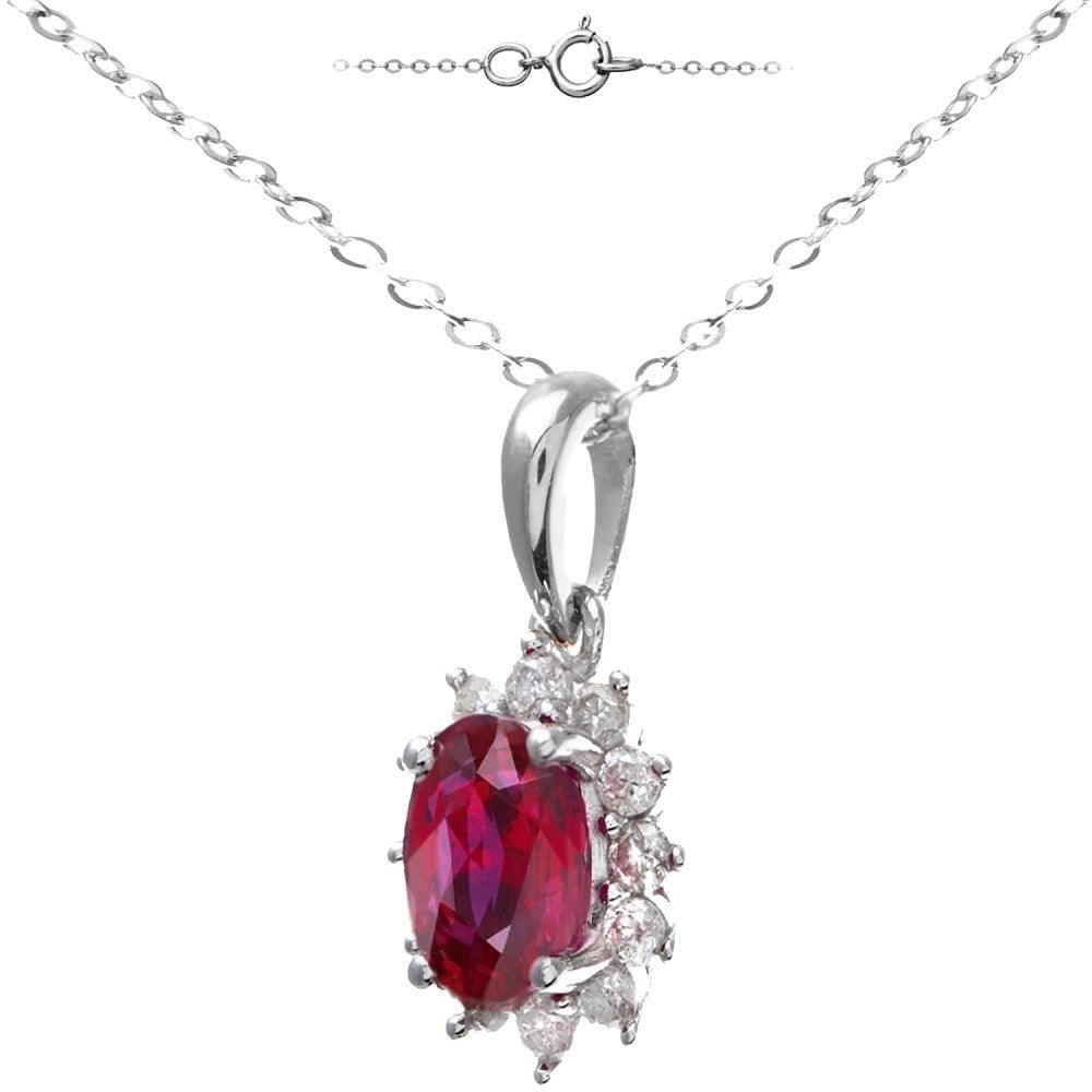 9ct White Gold Oval Ruby Cluster 0.25ct Diamond Pendant Necklace
