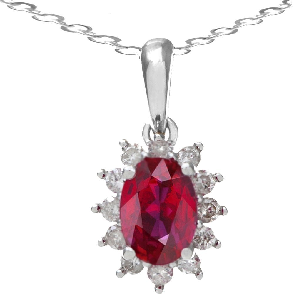 9ct White Gold Oval Ruby Cluster 0.25ct Diamond Pendant Necklace