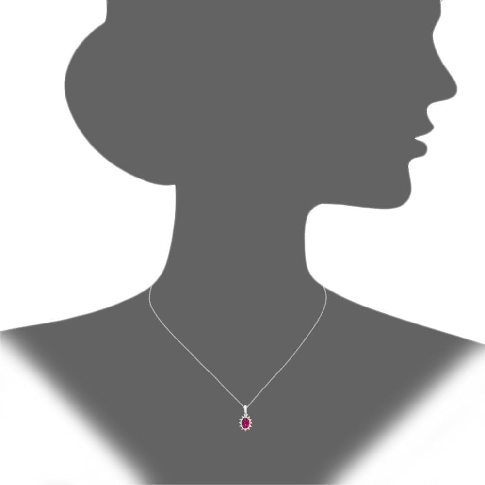 9ct White Gold Oval Ruby Cluster 0.25ct Diamond Pendant Necklace