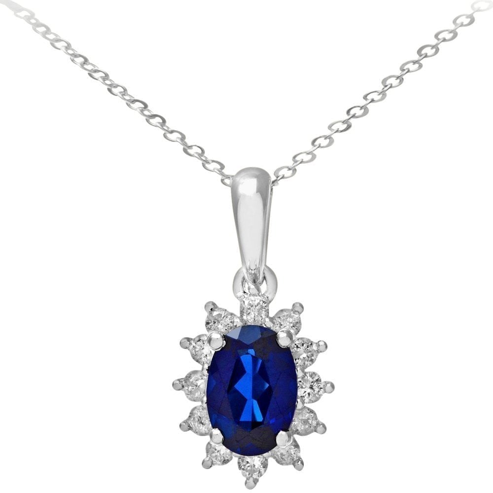 1.35 Ct Oval Natural Blue Sapphire and Diamond Solitaire Halo Necklace with Chain in 9ct White Gold Size 18 Inches