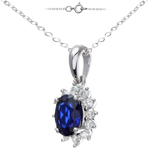 1.35 Ct Oval Natural Blue Sapphire and Diamond Solitaire Halo Necklace with Chain in 9ct White Gold Size 18 Inches