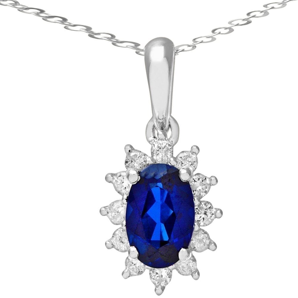 1.35 Ct Oval Natural Blue Sapphire and Diamond Solitaire Halo Necklace with Chain in 9ct White Gold Size 18 Inches