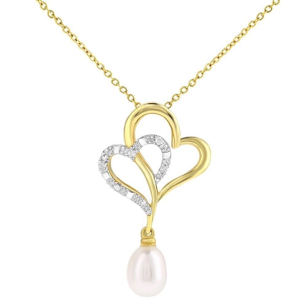 9ct Yellow Gold Cultured Pearl Heart 0.02ct Diamond Pendant Necklace