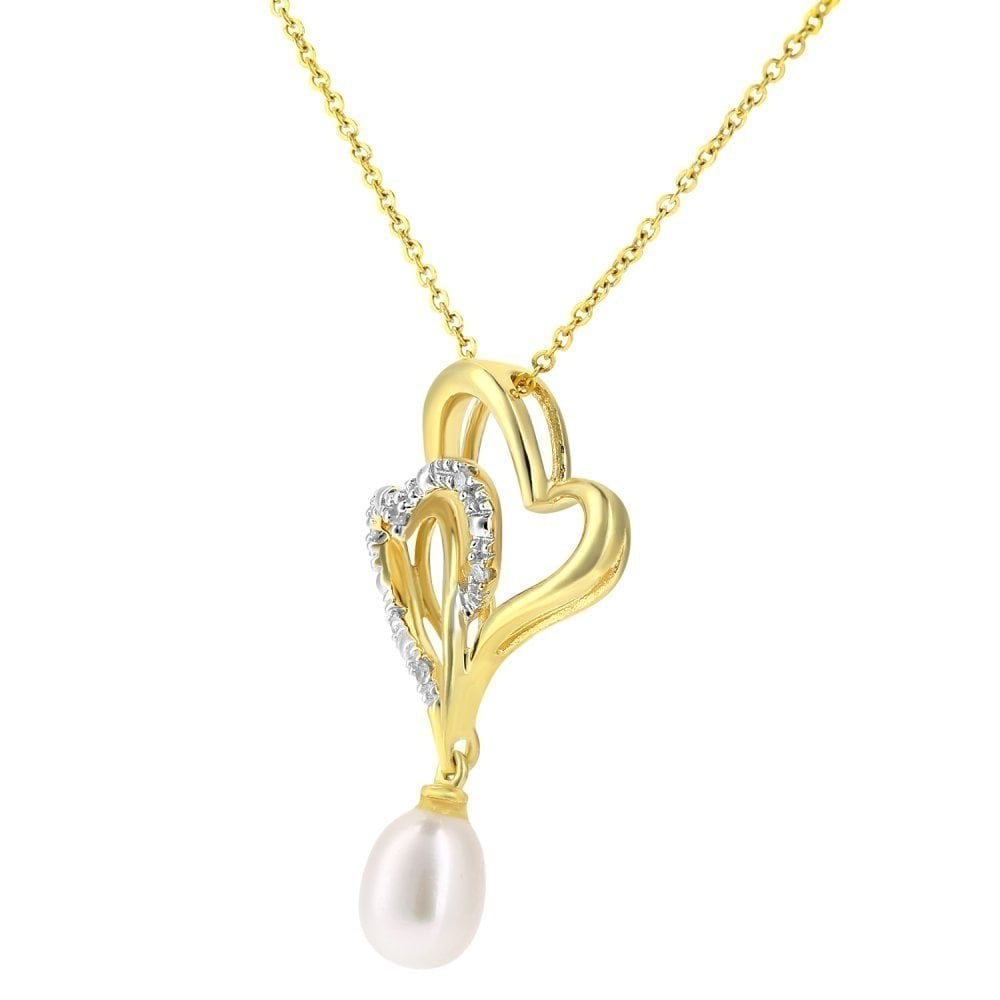 9ct Yellow Gold Cultured Pearl Heart 0.02ct Diamond Pendant Necklace