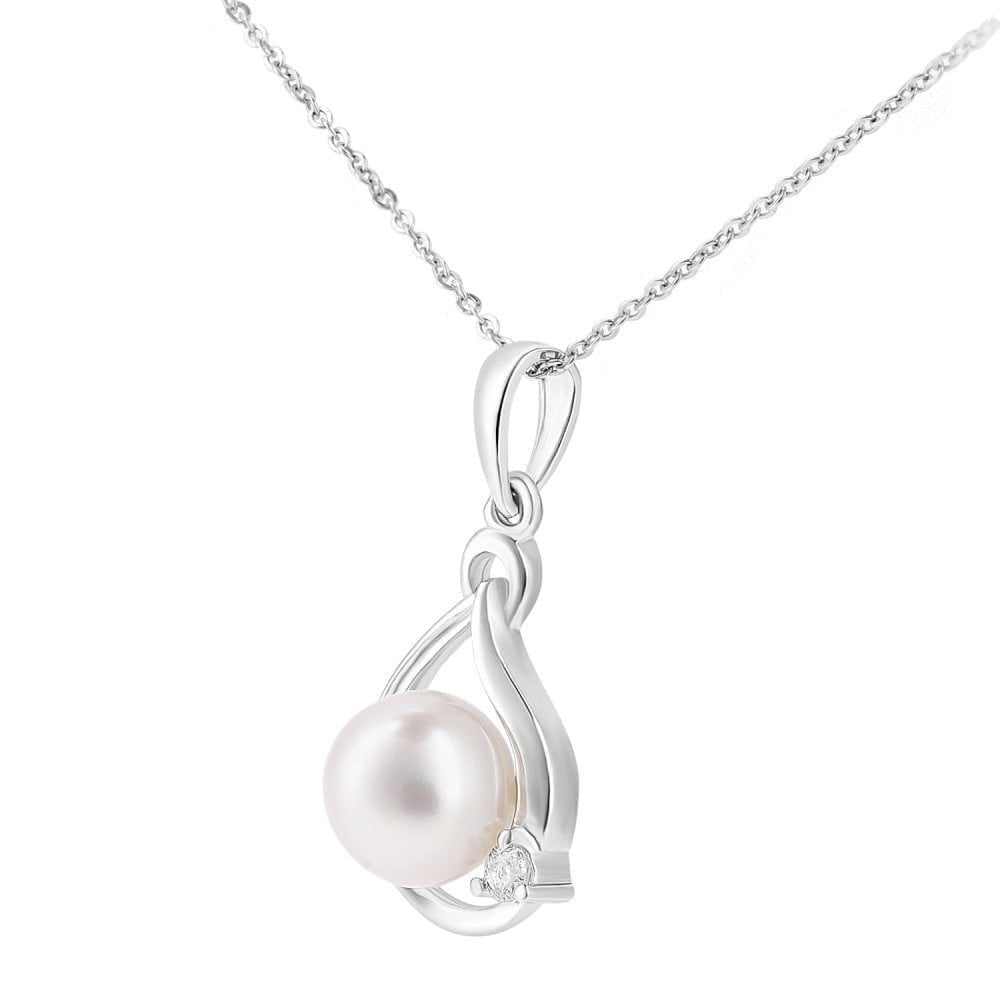 9ct White Gold Cultured Pearl and 0.03ct Diamond Teardrop Pendant Necklace