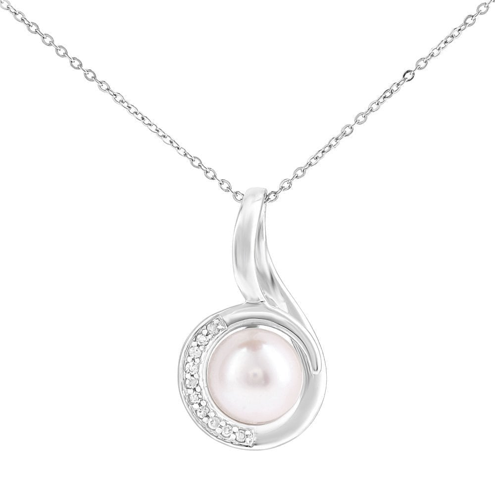 9ct White Gold Cultured Pearl and Diamond Pendant Necklace