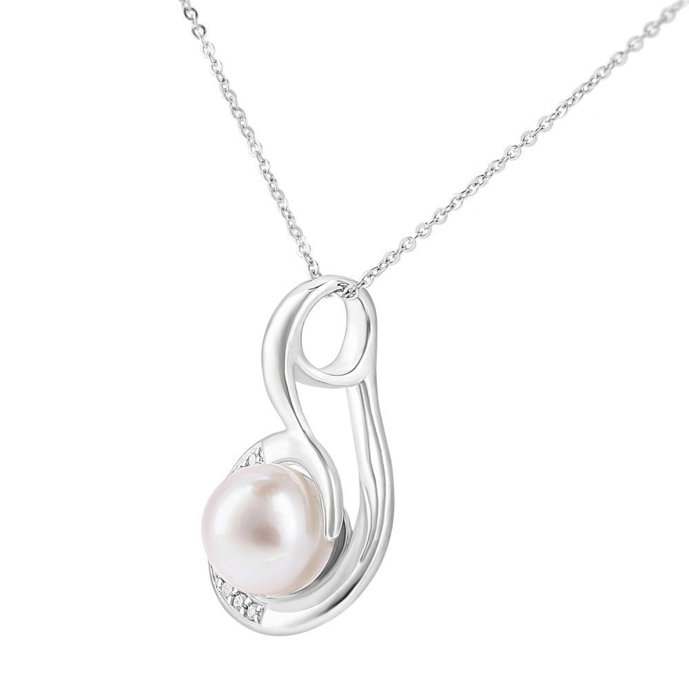 9ct White Gold Cultured Pearl and Diamond Pendant Necklace