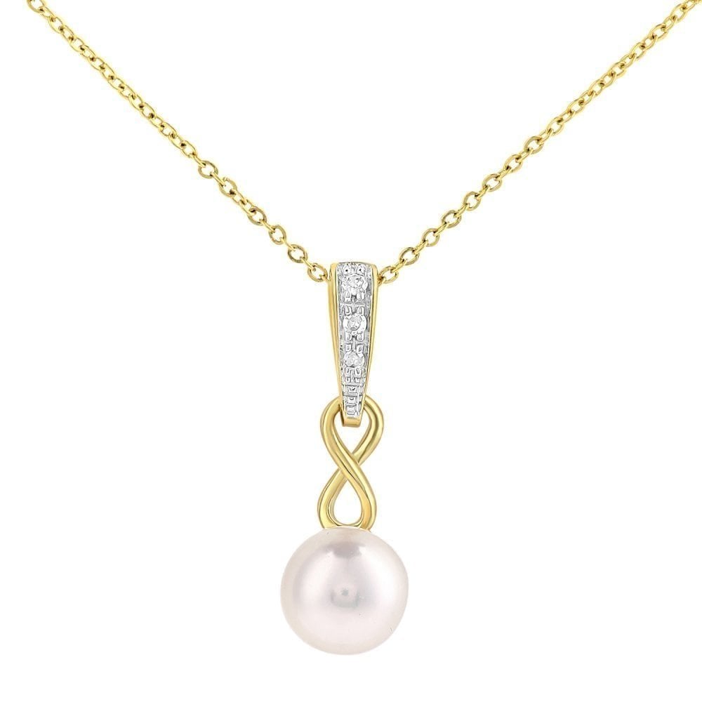 9ct Yellow Gold Cultured Pearl Infinity Diamond Pendant Necklace