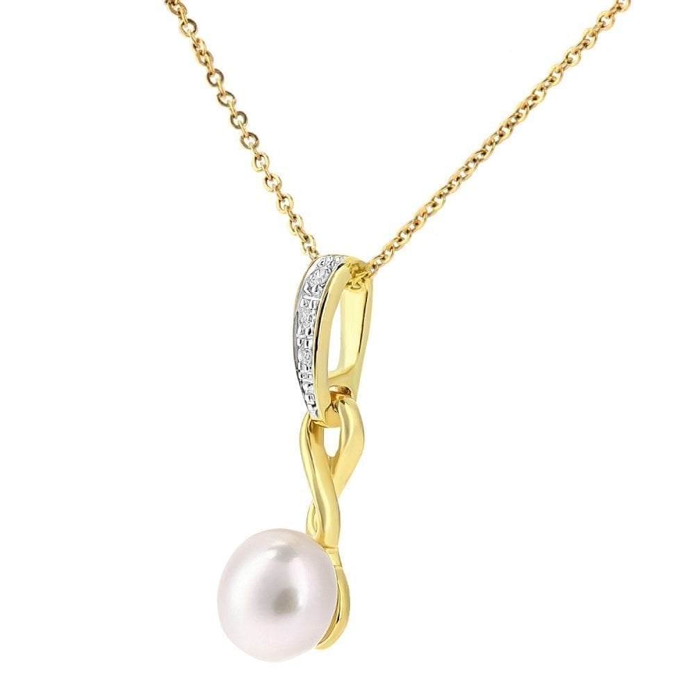 9ct Yellow Gold Cultured Pearl Infinity Diamond Pendant Necklace