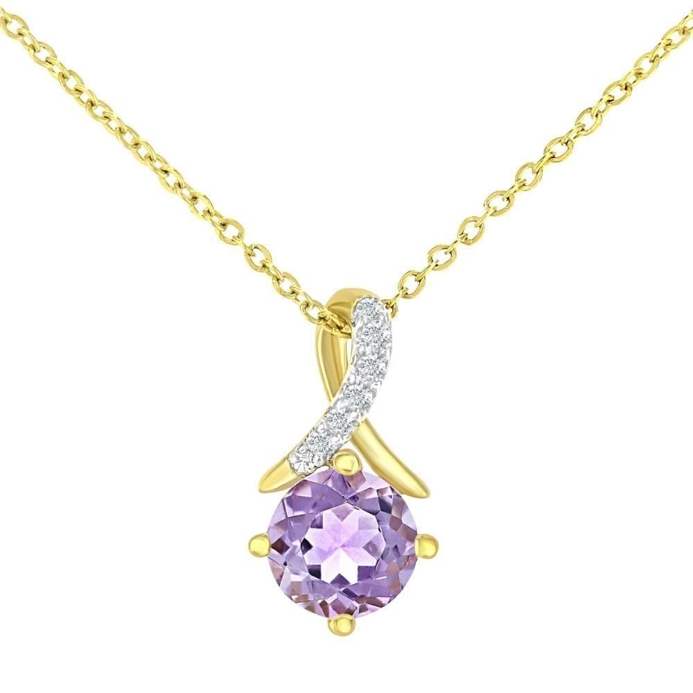 9ct Yellow Gold Amethyst and 0.02ct Diamond Twist Pendant Necklace
