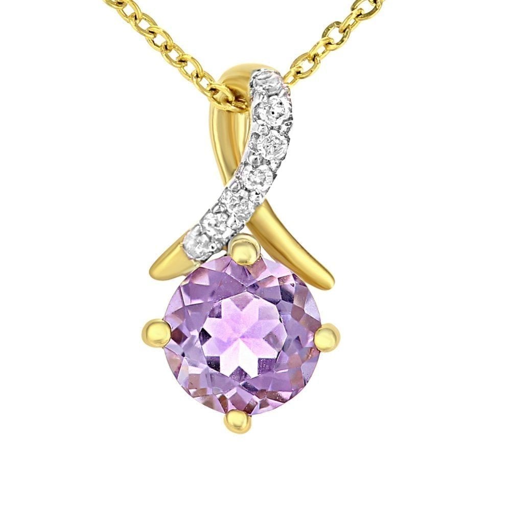 9ct Yellow Gold Amethyst and 0.02ct Diamond Twist Pendant Necklace