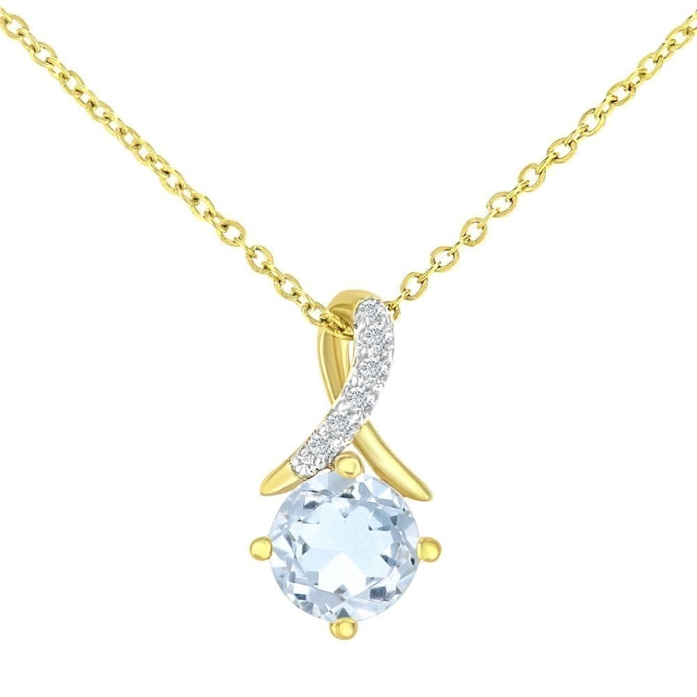 9ct Yellow Gold Sky Blue Topaz and Diamond Kiss Pendant with Gold Chain Size 18 Inch