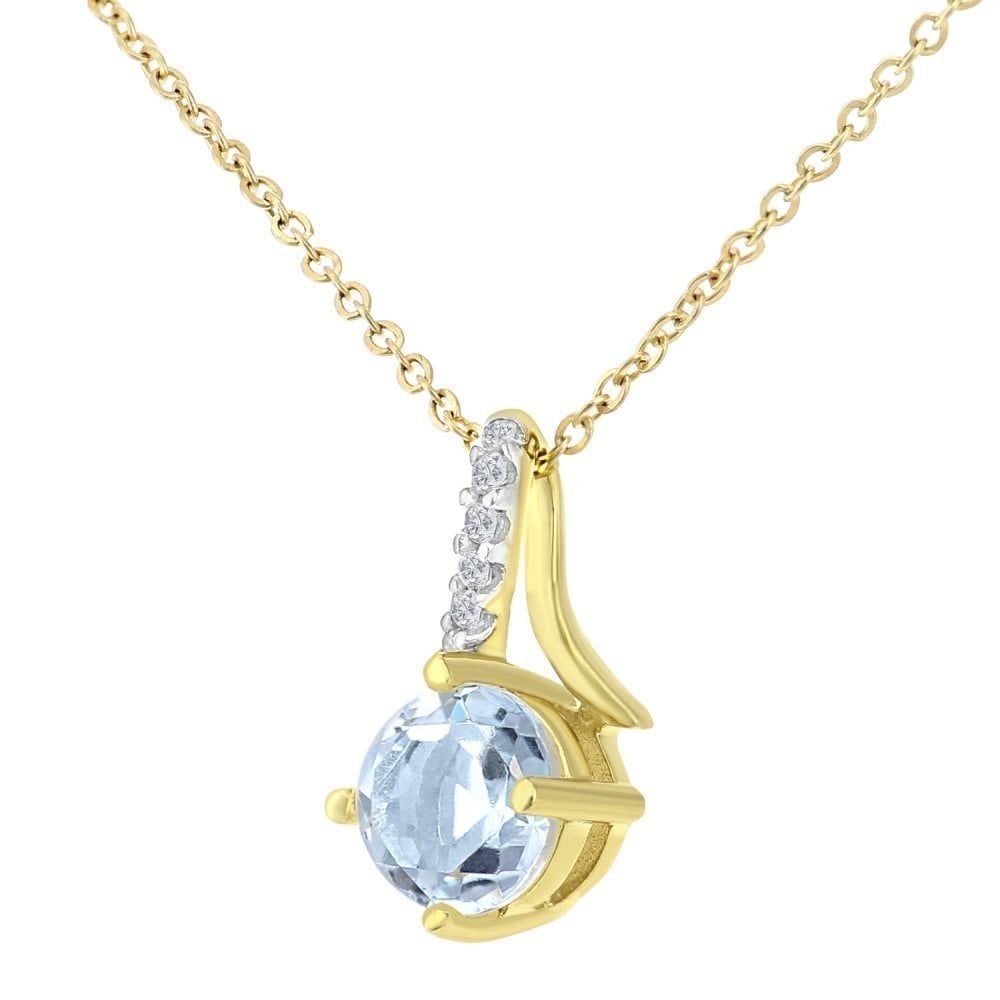 9ct Yellow Gold Sky Blue Topaz and Diamond Kiss Pendant with Gold Chain Size 18 Inch