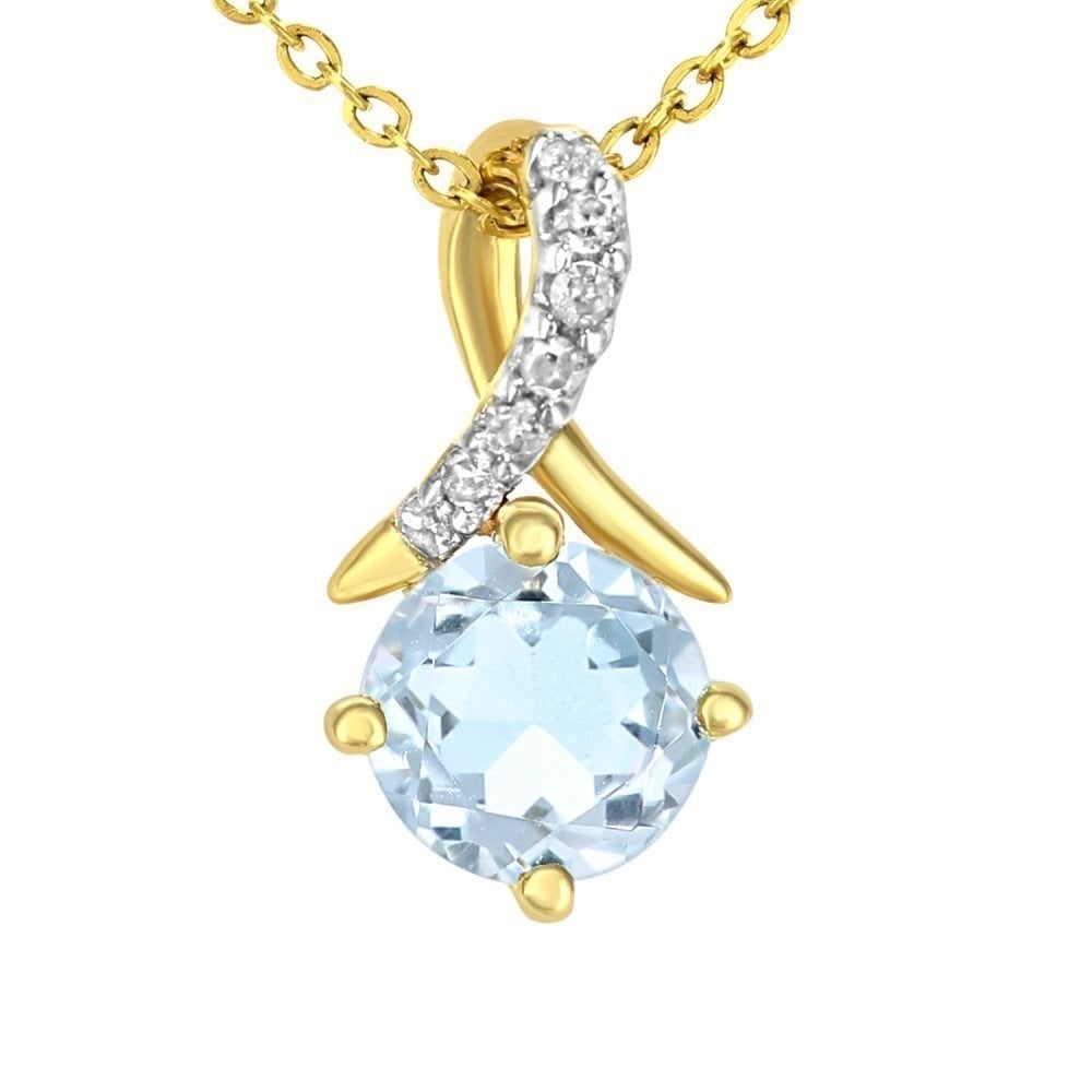 9ct Yellow Gold Sky Blue Topaz and Diamond Kiss Pendant with Gold Chain Size 18 Inch