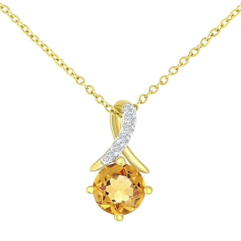 9k Yellow Gold Round Ctirine and Diamond Twist Pendant with Chain