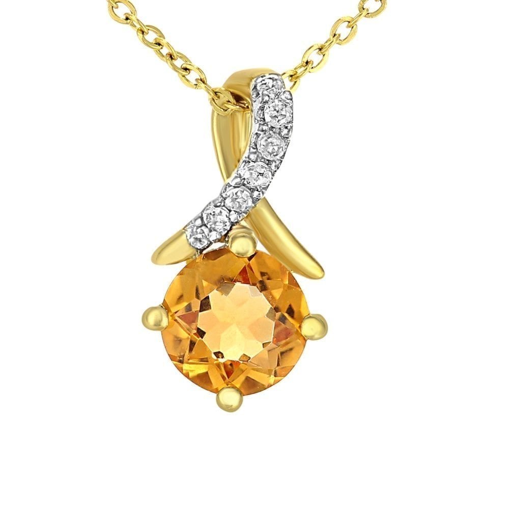 9k Yellow Gold Round Ctirine and Diamond Twist Pendant with Chain