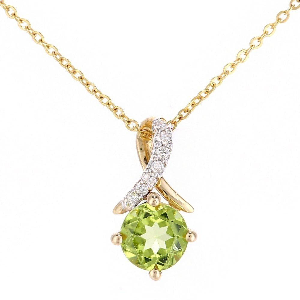 9ct Yellow Gold Peridot and 0.02ct Diamond Twist Pendant Necklace