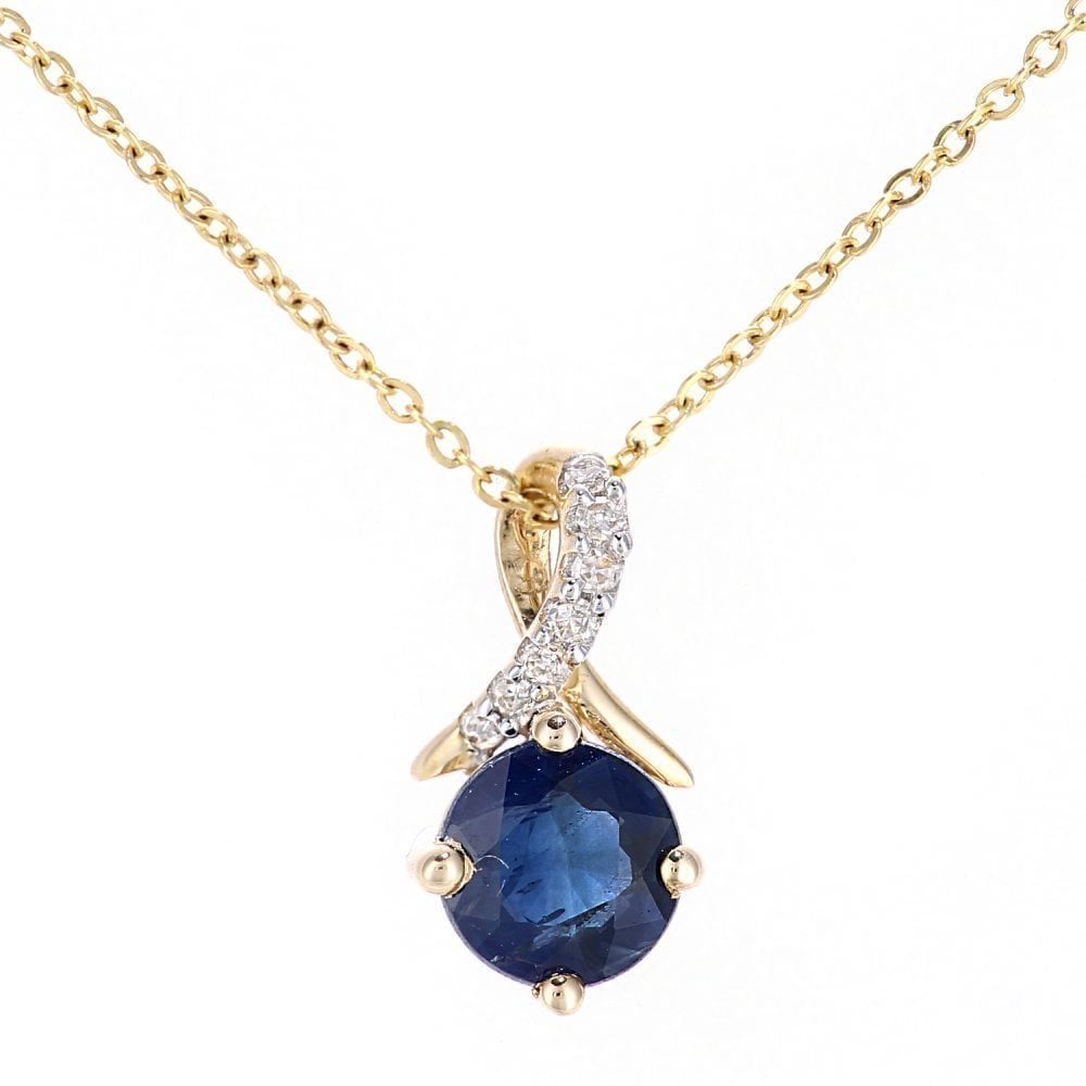 0.62 Ct Round Natural Blue Sapphire and Diamond Solitaire Kiss Necklace with Chain in 9ct Yellow Gold Size 18 Inches