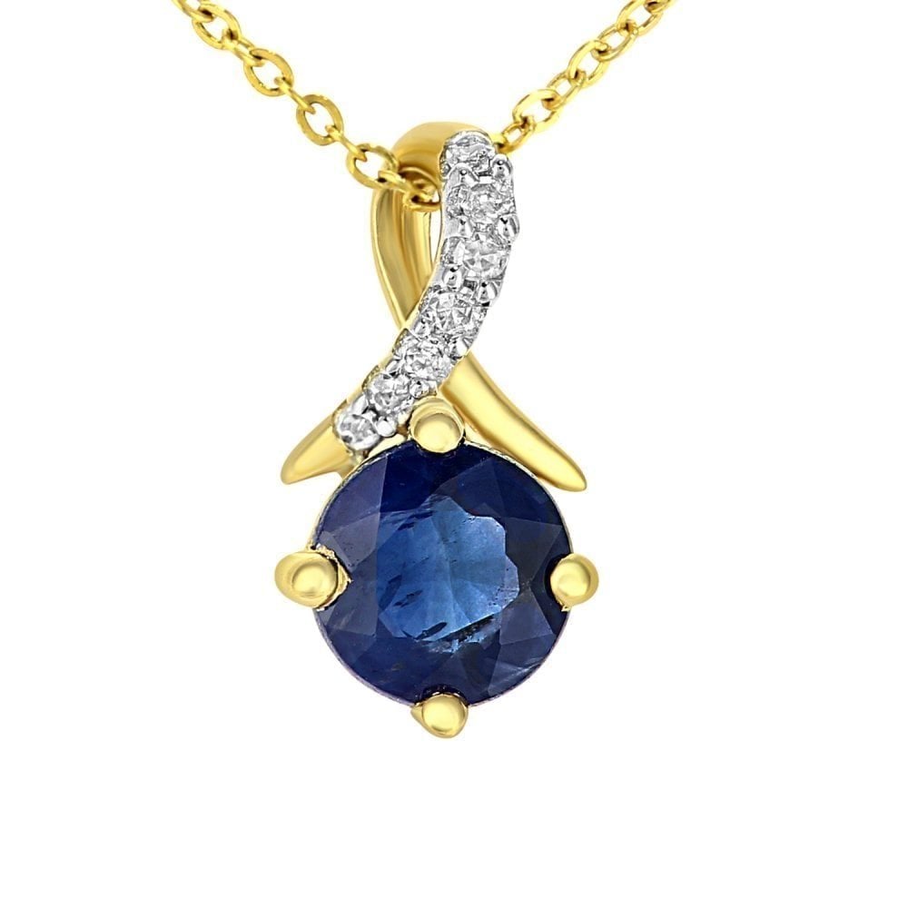 0.62 Ct Round Natural Blue Sapphire and Diamond Solitaire Kiss Necklace with Chain in 9ct Yellow Gold Size 18 Inches