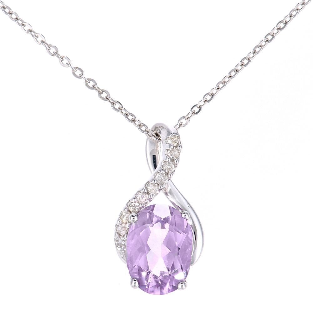 9ct White Gold Oval Amethyst and 0.05ct Diamond Crossover Pendant Necklace