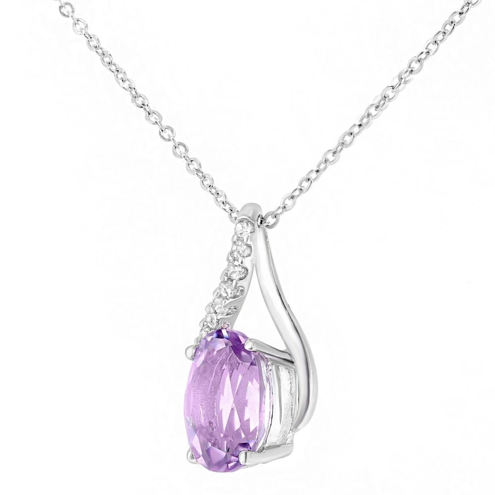 9ct White Gold Oval Amethyst and 0.05ct Diamond Crossover Pendant Necklace