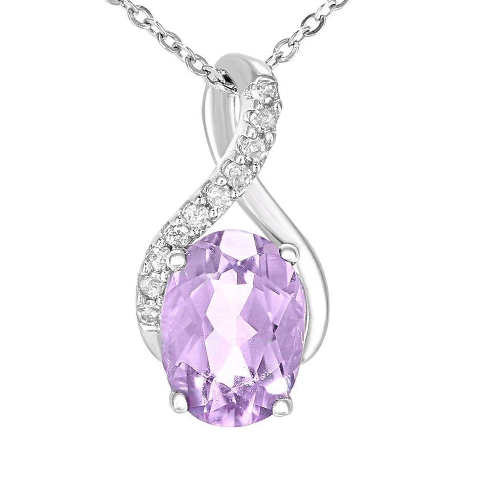 9ct White Gold Oval Amethyst and 0.05ct Diamond Crossover Pendant Necklace