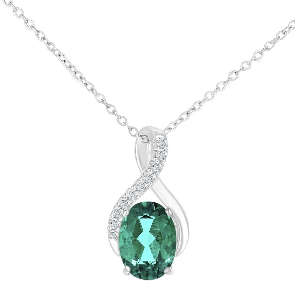 9ct White Gold Oval Created Emerald and 0.05ct Diamond Crossover Pendant Necklace