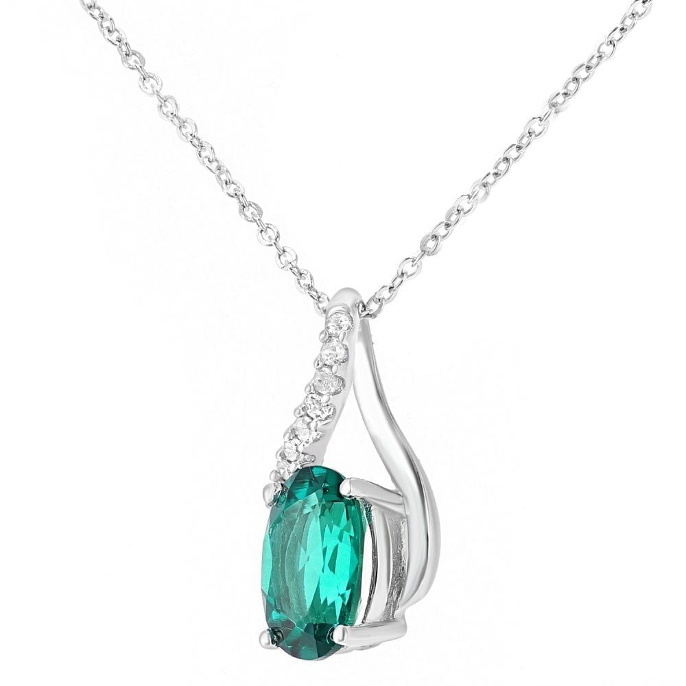 9ct White Gold Oval Created Emerald and 0.05ct Diamond Crossover Pendant Necklace