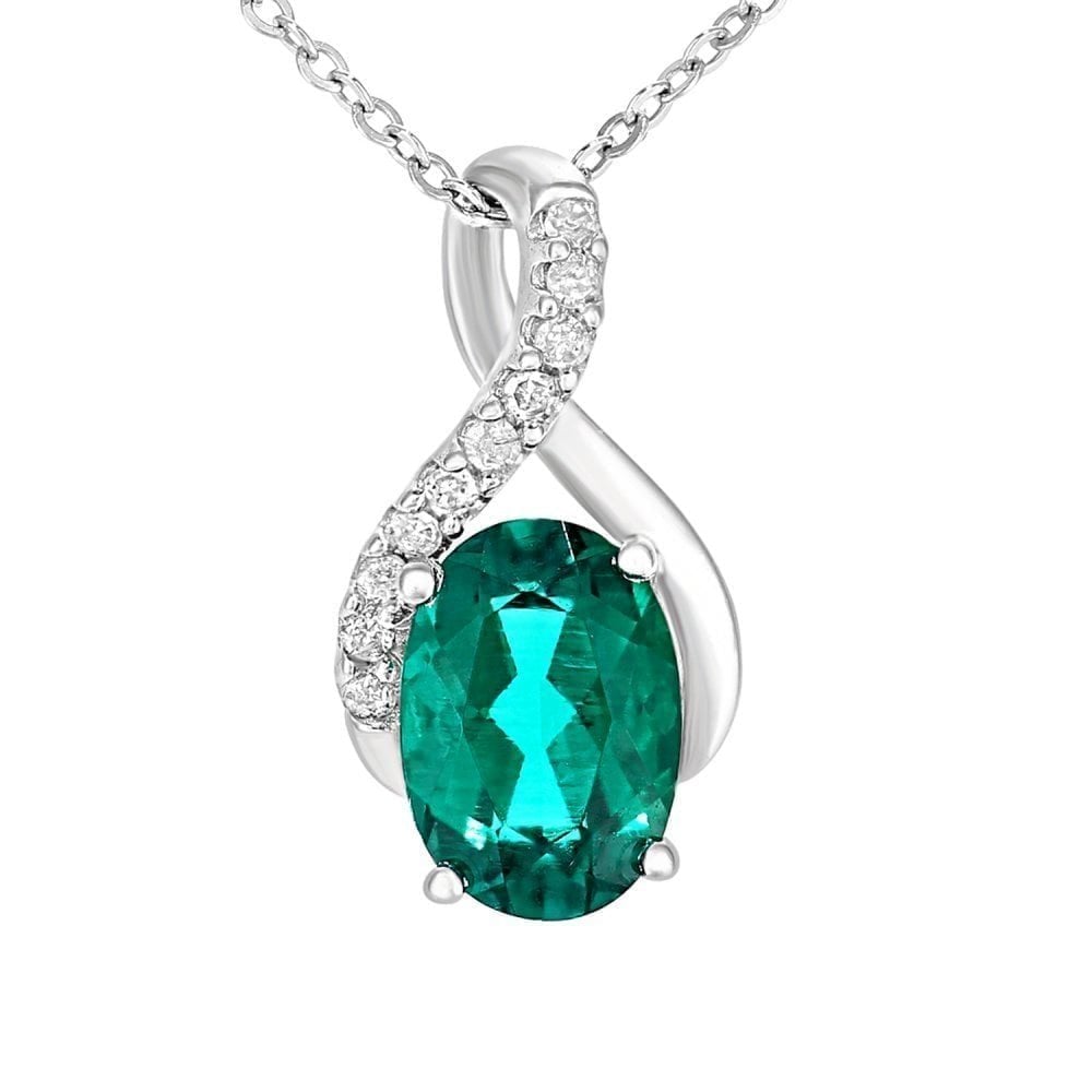 9ct White Gold Oval Created Emerald and 0.05ct Diamond Crossover Pendant Necklace