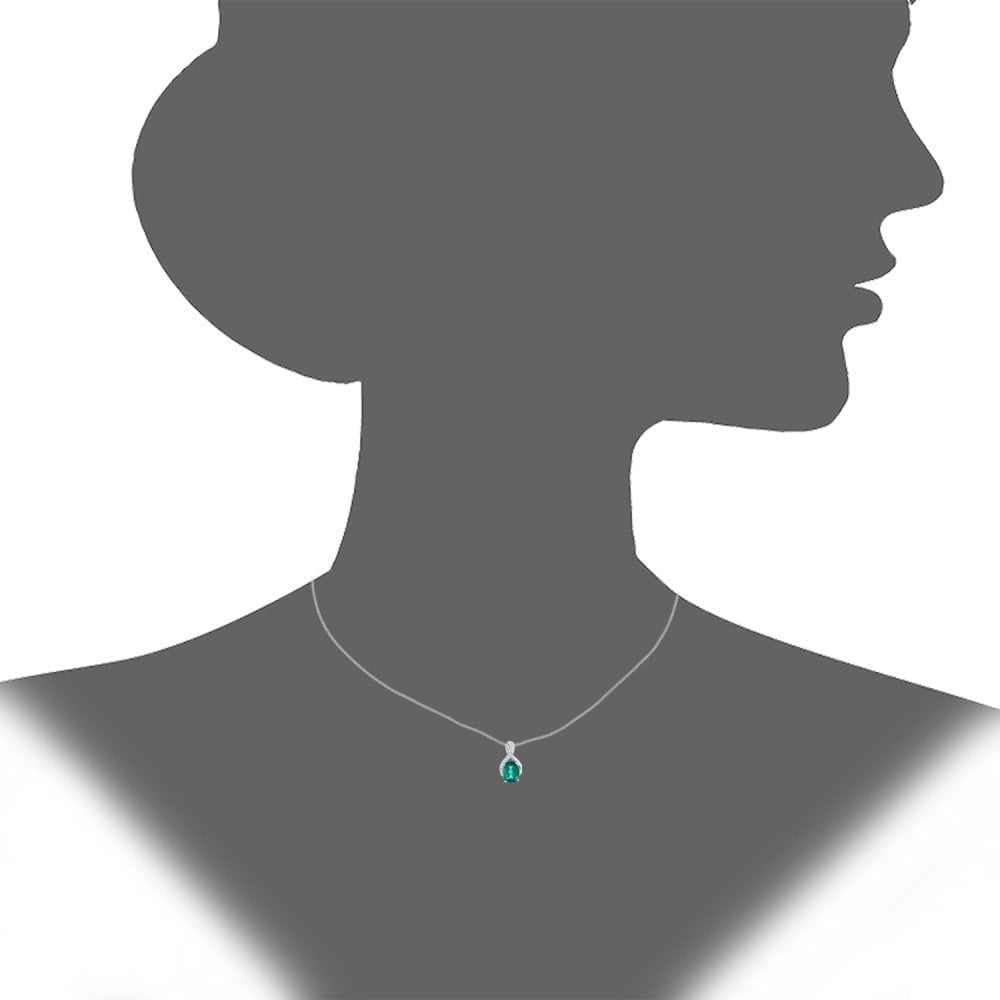 9ct White Gold Oval Created Emerald and 0.05ct Diamond Crossover Pendant Necklace