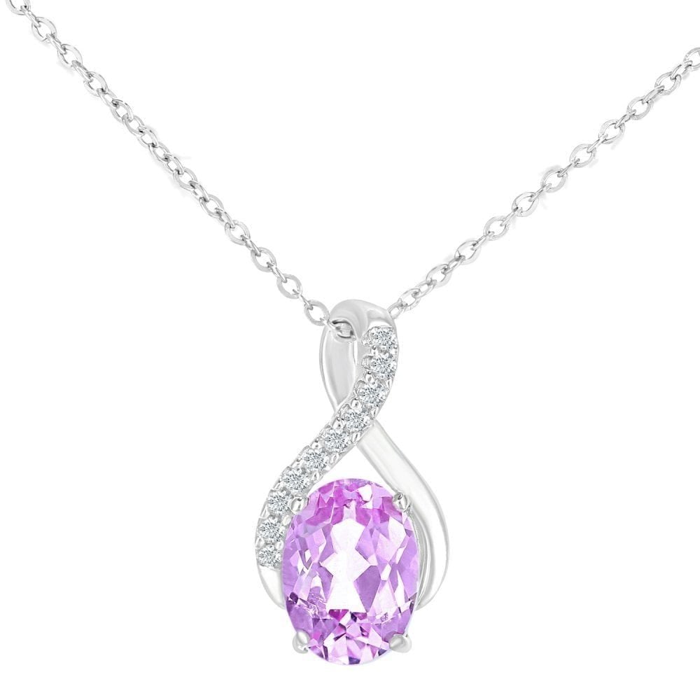 9ct White Gold Oval Created Pink Sapphire and 0.05ct Diamond Crossover Pendant Necklace