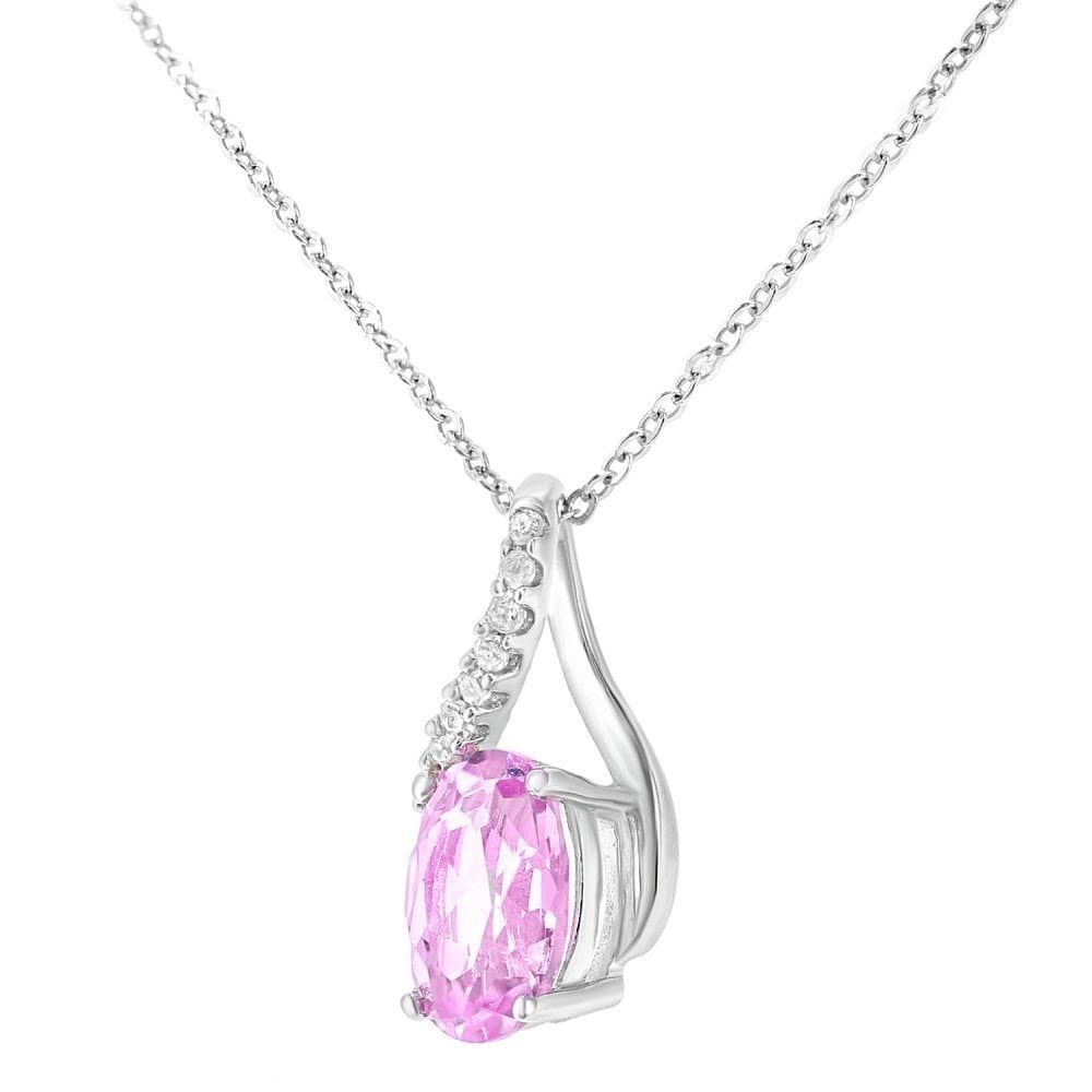 9ct White Gold Oval Created Pink Sapphire and 0.05ct Diamond Crossover Pendant Necklace