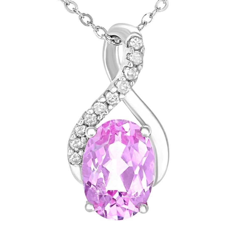 9ct White Gold Oval Created Pink Sapphire and 0.05ct Diamond Crossover Pendant Necklace