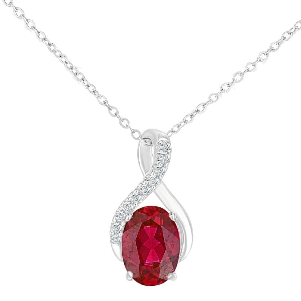 9ct White Gold Oval Created Ruby and 0.05ct Diamond Crossover Pendant Necklace