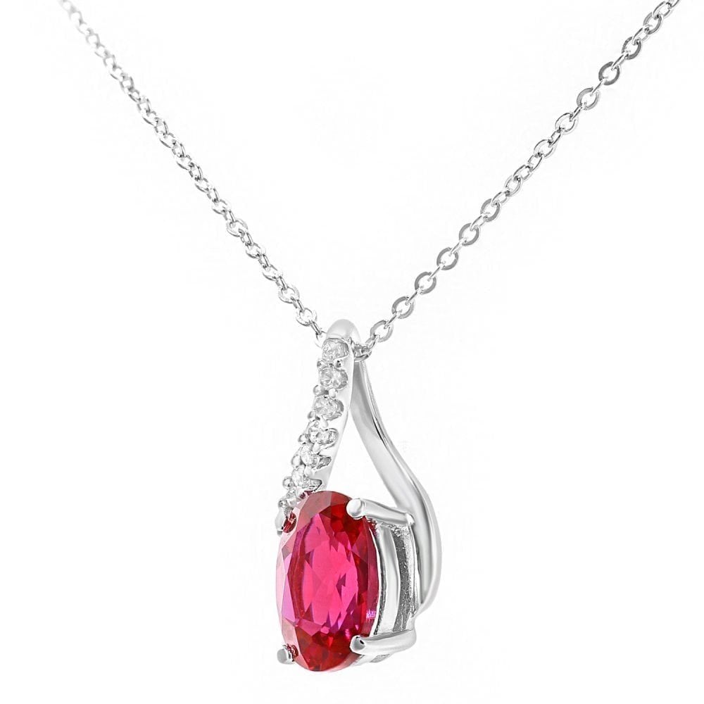9ct White Gold Oval Created Ruby and 0.05ct Diamond Crossover Pendant Necklace