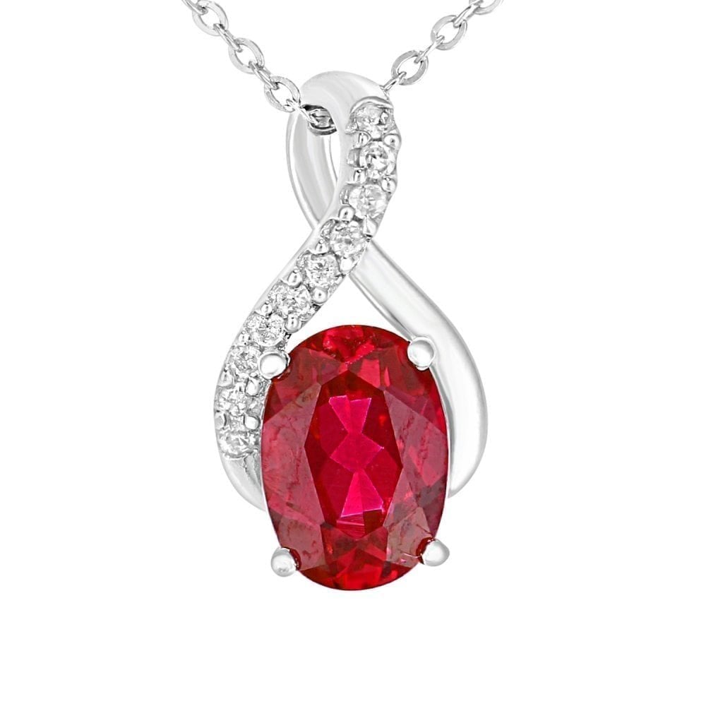 9ct White Gold Oval Created Ruby and 0.05ct Diamond Crossover Pendant Necklace