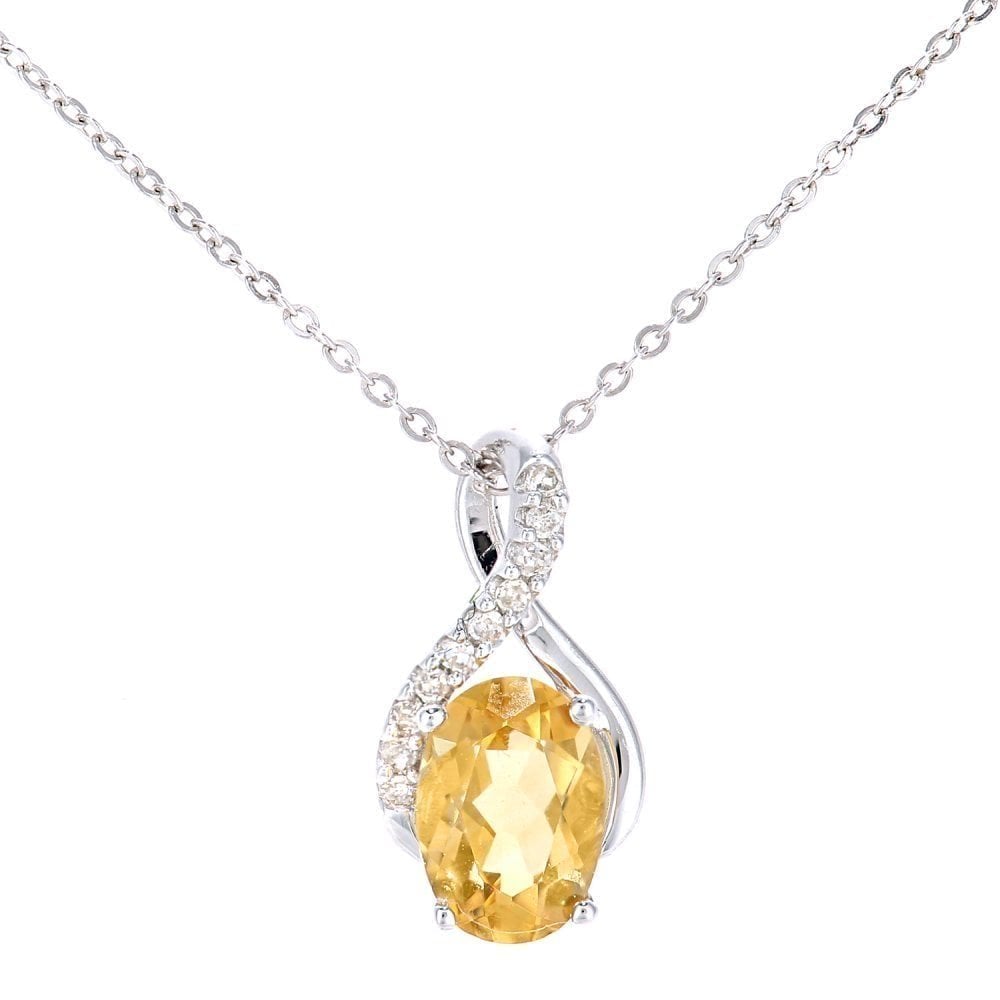 9ct White Gold Oval Citrine and Diamond Solitaire Pendant