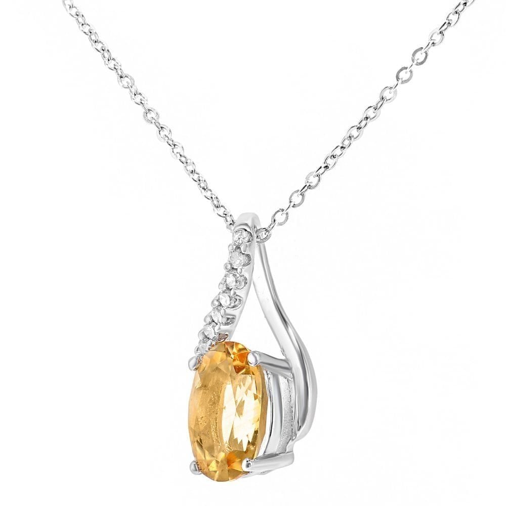 9ct White Gold Oval Citrine and Diamond Solitaire Pendant